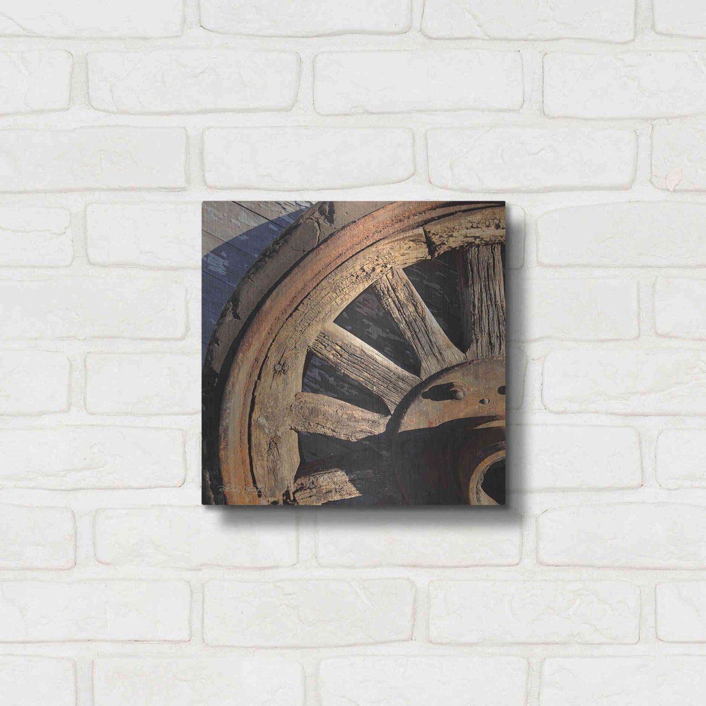 Luxe Metal Art 'Old Wheel I' by Cindy Jacobs, Metal Wall Art,12x12
