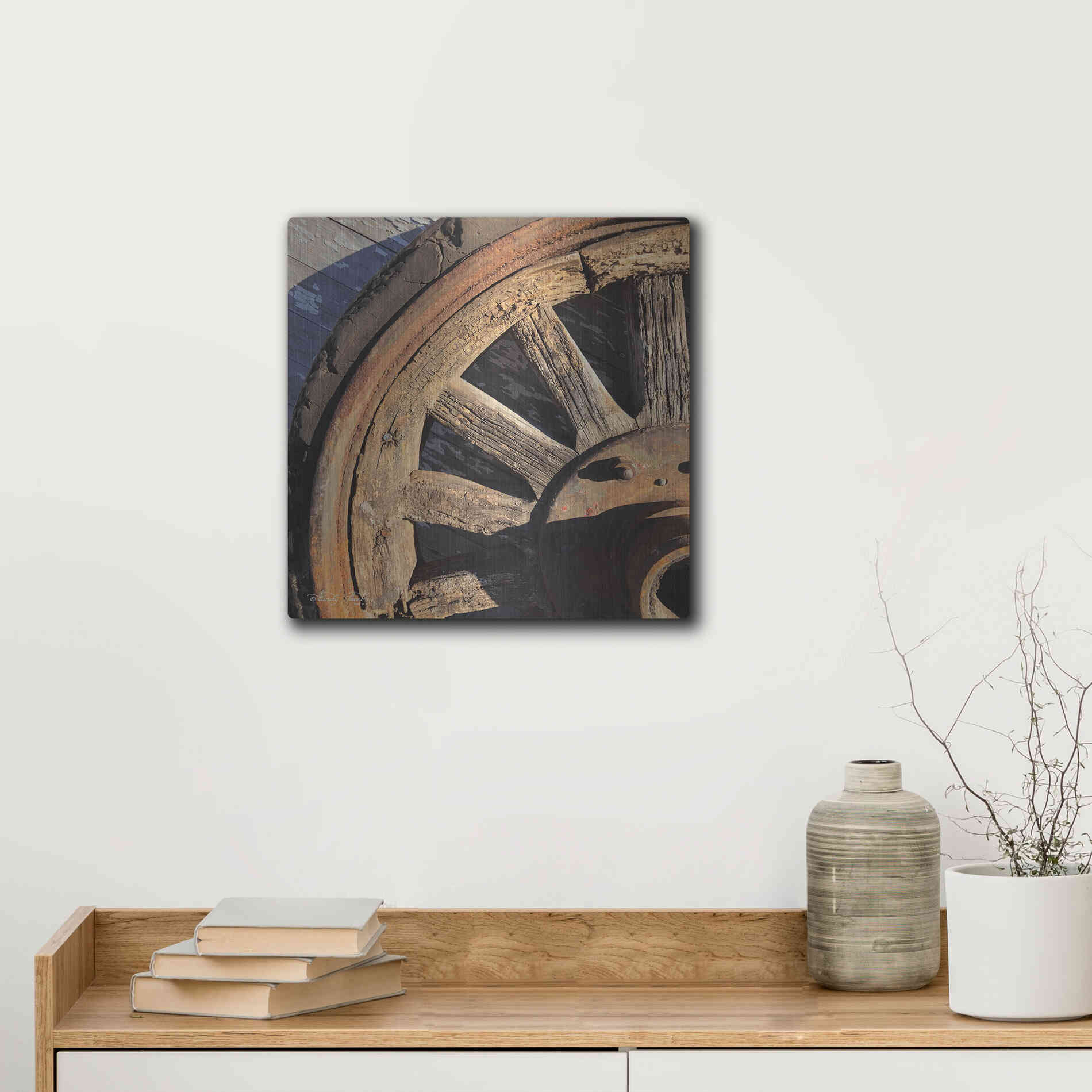 Luxe Metal Art 'Old Wheel I' by Cindy Jacobs, Metal Wall Art,12x12