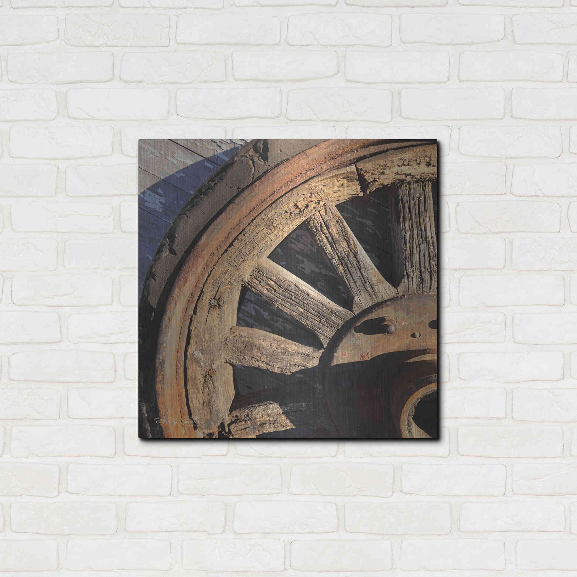 Luxe Metal Art 'Old Wheel I' by Cindy Jacobs, Metal Wall Art,24x24