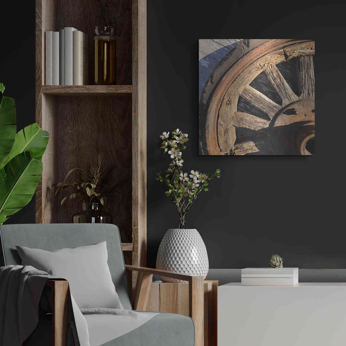 Luxe Metal Art 'Old Wheel I' by Cindy Jacobs, Metal Wall Art,24x24