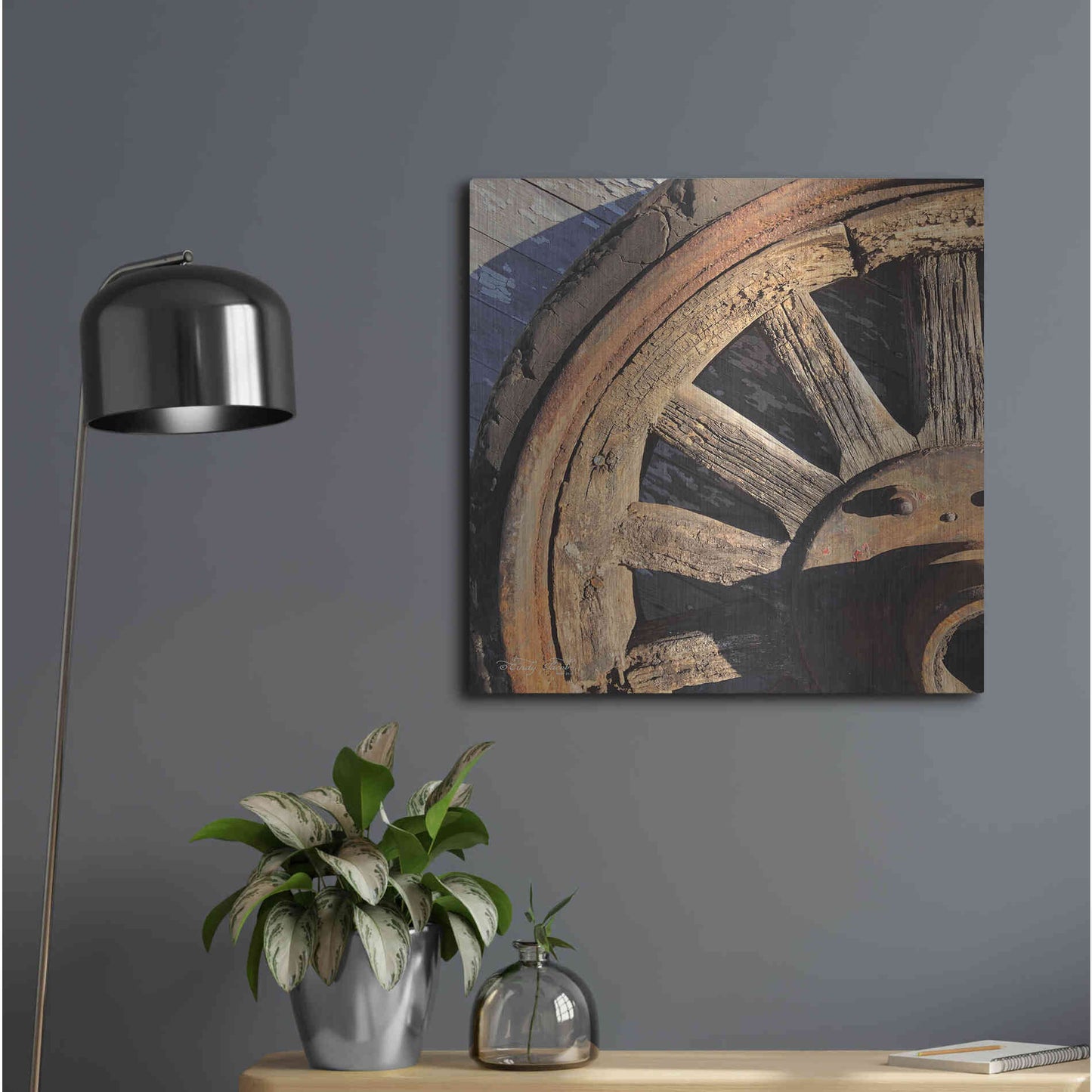Luxe Metal Art 'Old Wheel I' by Cindy Jacobs, Metal Wall Art,24x24