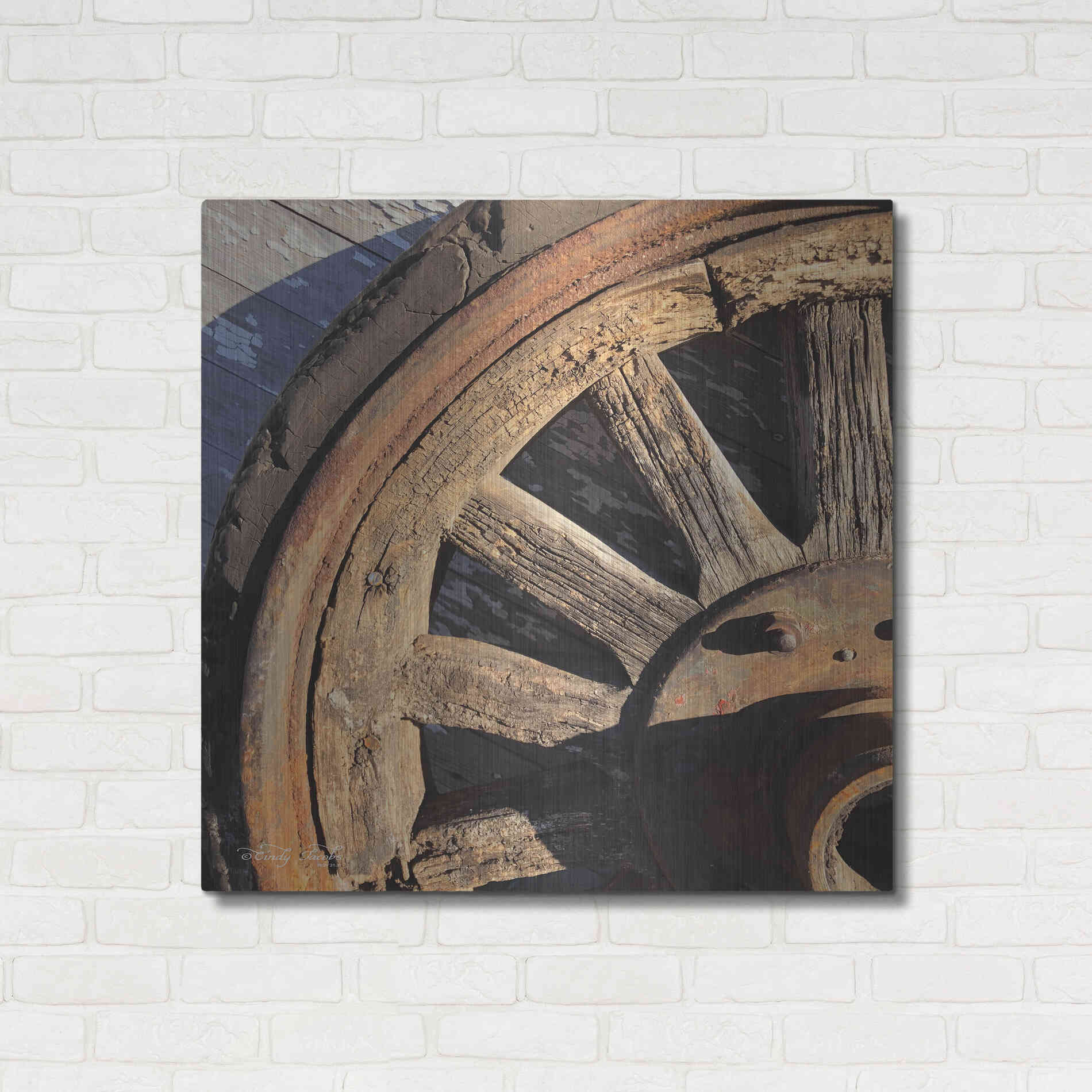 Luxe Metal Art 'Old Wheel I' by Cindy Jacobs, Metal Wall Art,36x36