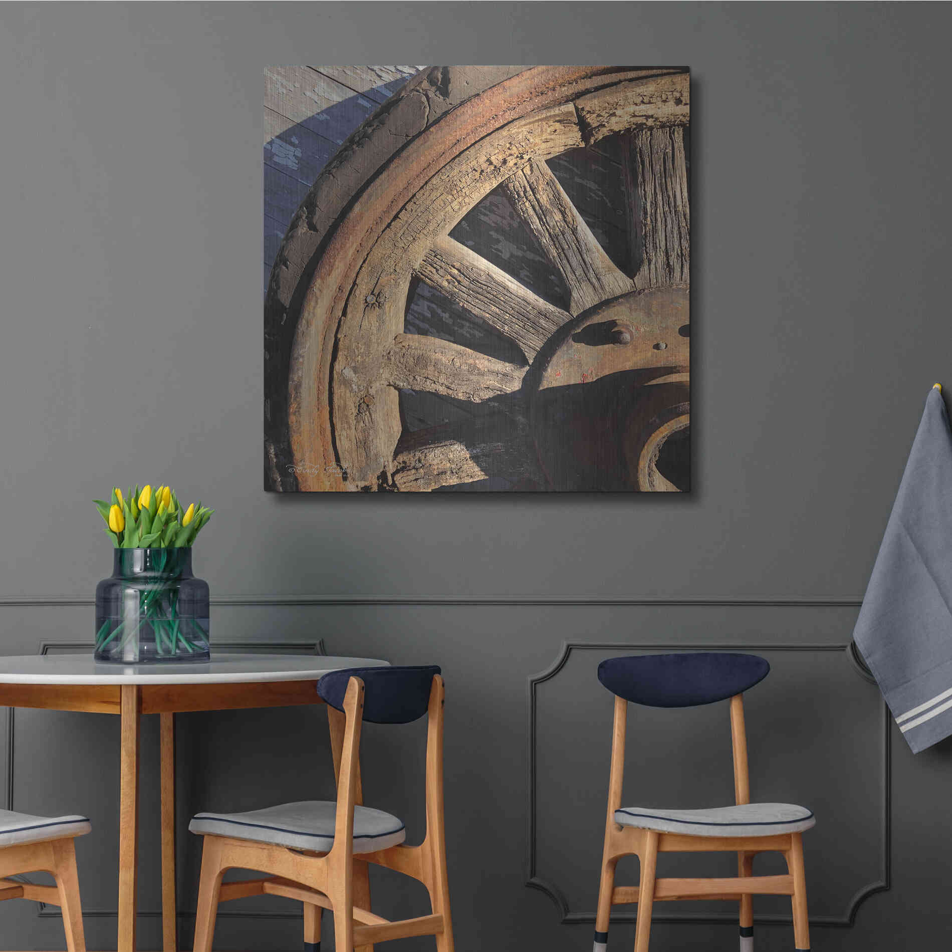 Luxe Metal Art 'Old Wheel I' by Cindy Jacobs, Metal Wall Art,36x36