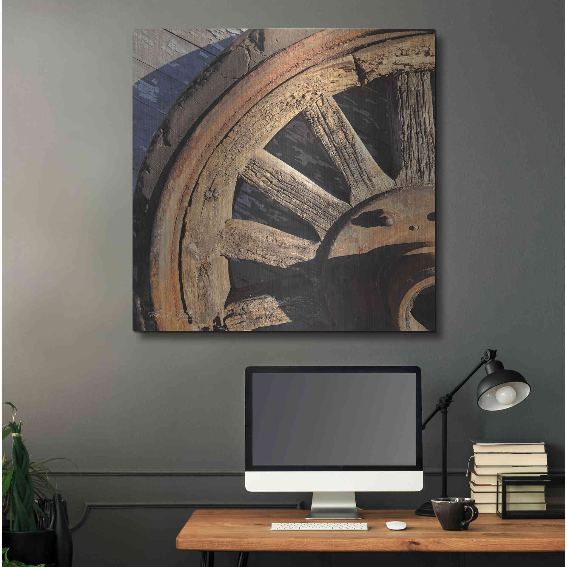 Luxe Metal Art 'Old Wheel I' by Cindy Jacobs, Metal Wall Art,36x36