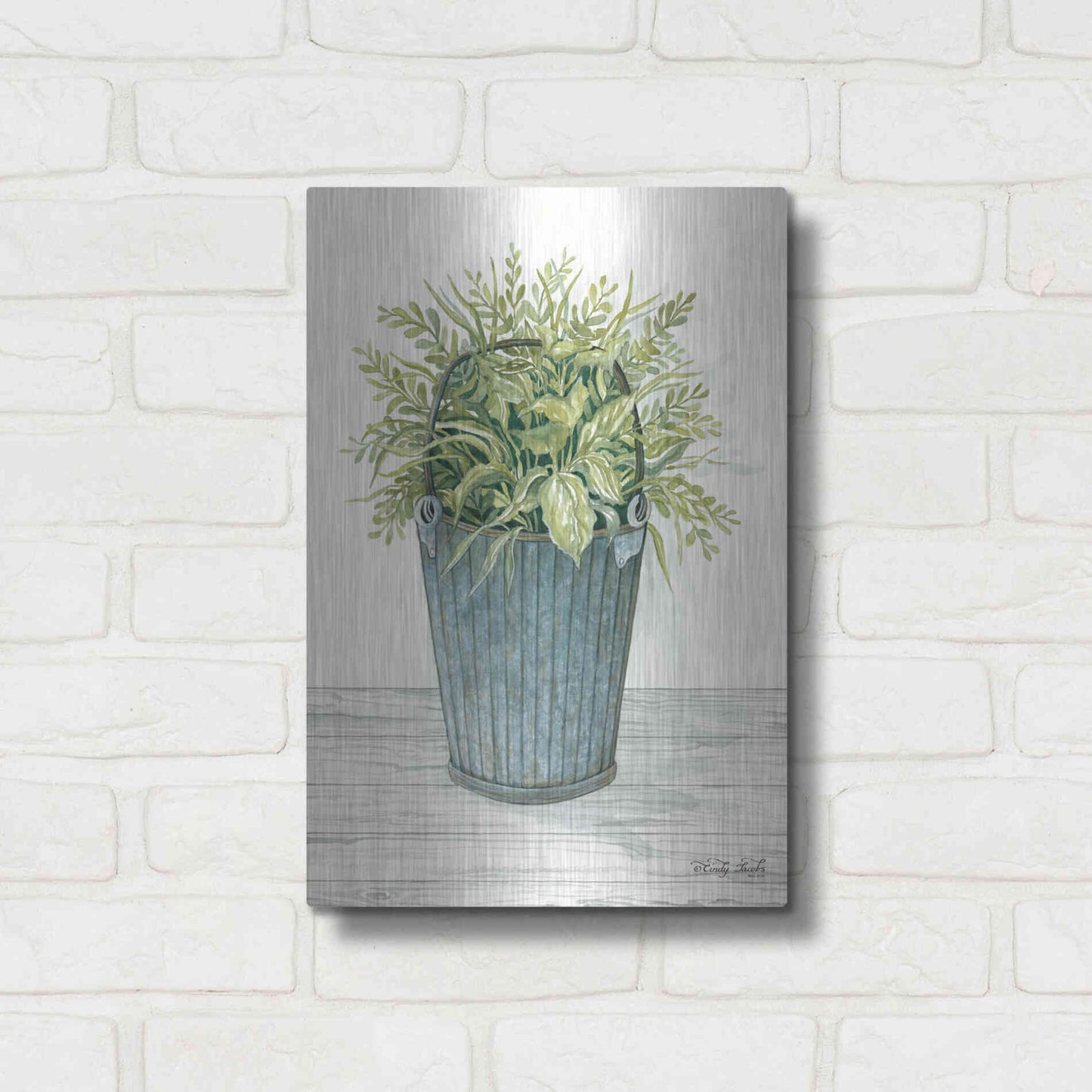 Luxe Metal Art 'Old Bucket of Greenery' by Cindy Jacobs, Metal Wall Art,12x16