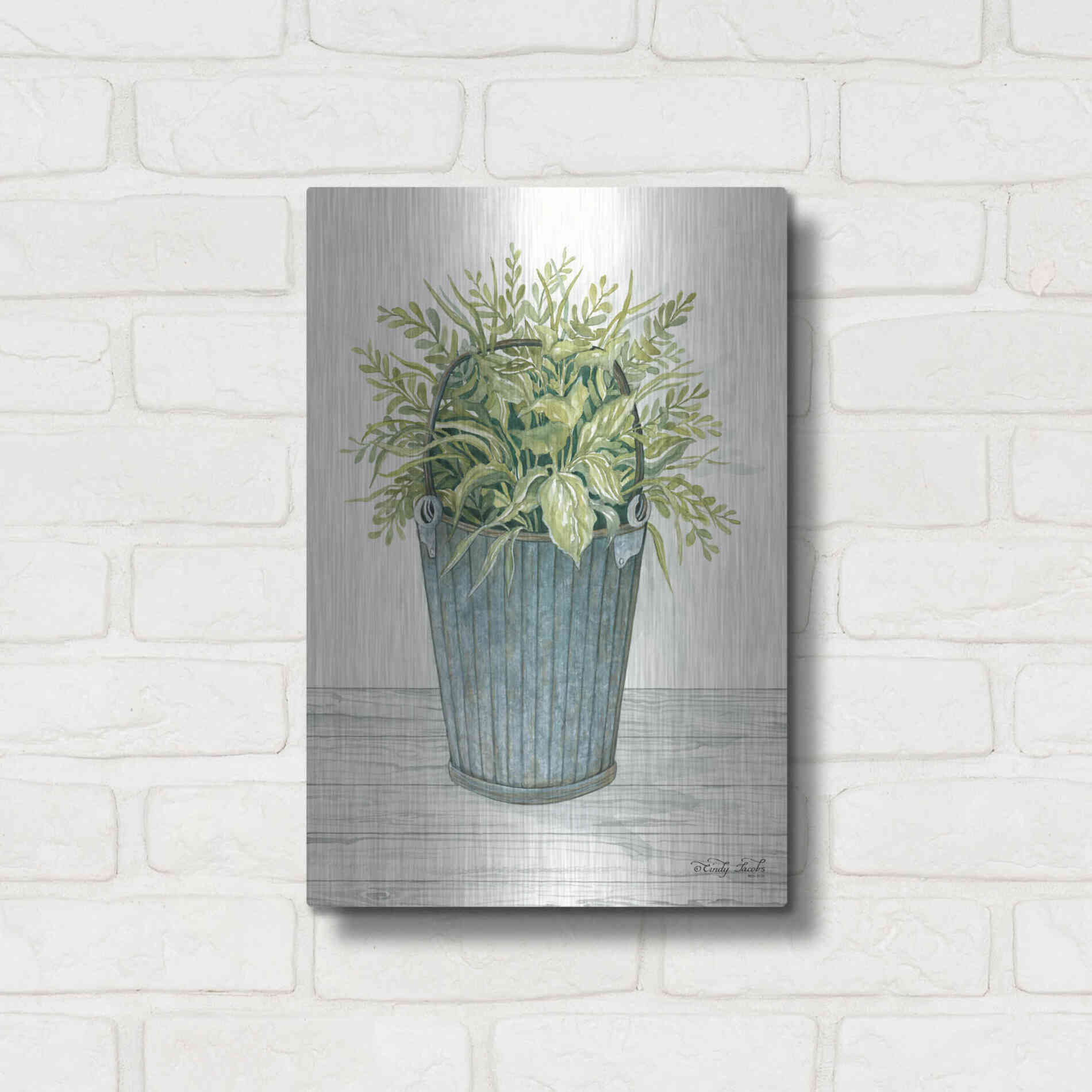 Luxe Metal Art 'Old Bucket of Greenery' by Cindy Jacobs, Metal Wall Art,12x16