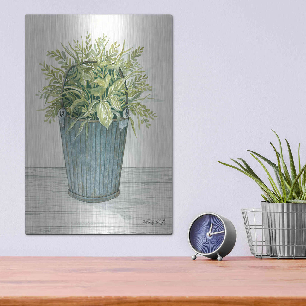 Luxe Metal Art 'Old Bucket of Greenery' by Cindy Jacobs, Metal Wall Art,12x16