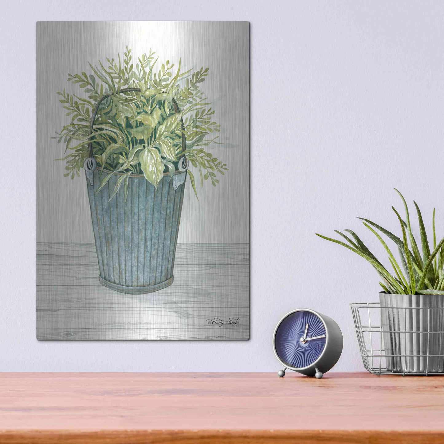 Luxe Metal Art 'Old Bucket of Greenery' by Cindy Jacobs, Metal Wall Art,12x16