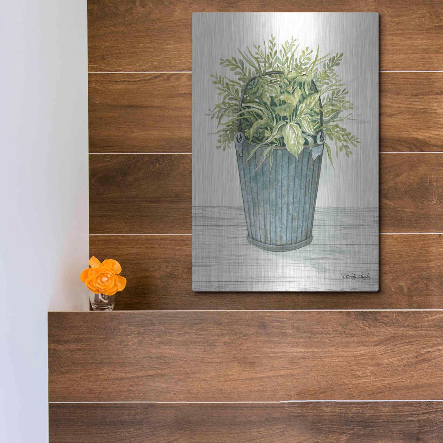 Luxe Metal Art 'Old Bucket of Greenery' by Cindy Jacobs, Metal Wall Art,12x16