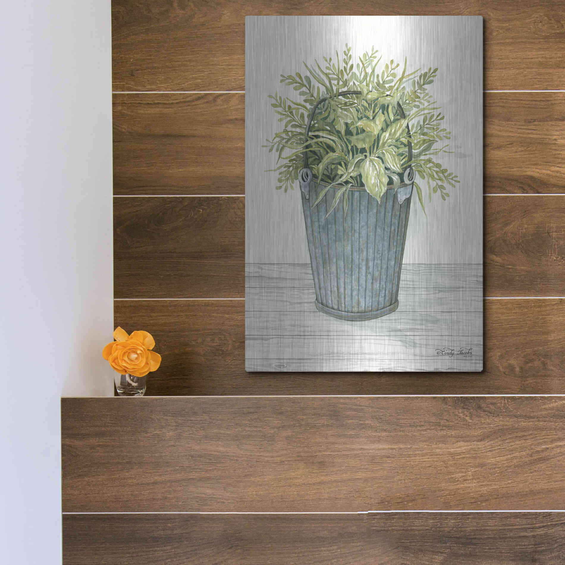 Luxe Metal Art 'Old Bucket of Greenery' by Cindy Jacobs, Metal Wall Art,12x16