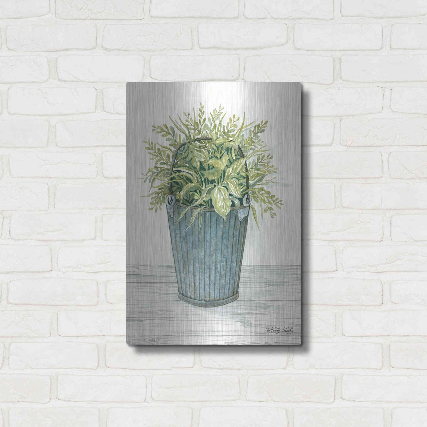 Luxe Metal Art 'Old Bucket of Greenery' by Cindy Jacobs, Metal Wall Art,16x24