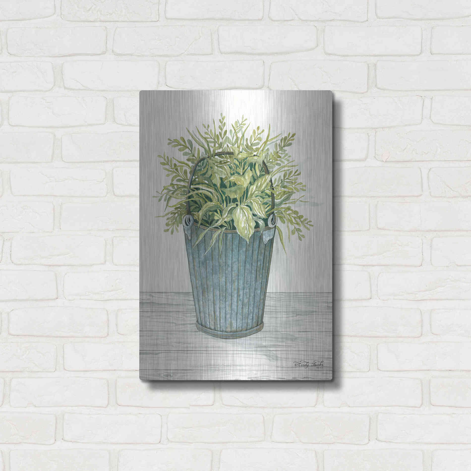 Luxe Metal Art 'Old Bucket of Greenery' by Cindy Jacobs, Metal Wall Art,16x24