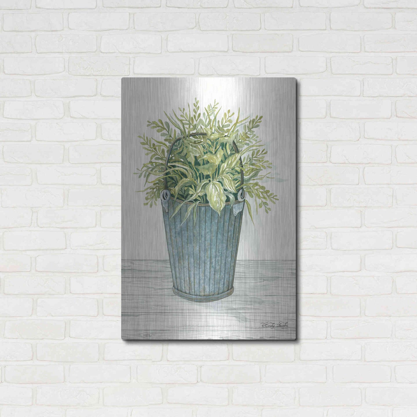 Luxe Metal Art 'Old Bucket of Greenery' by Cindy Jacobs, Metal Wall Art,24x36