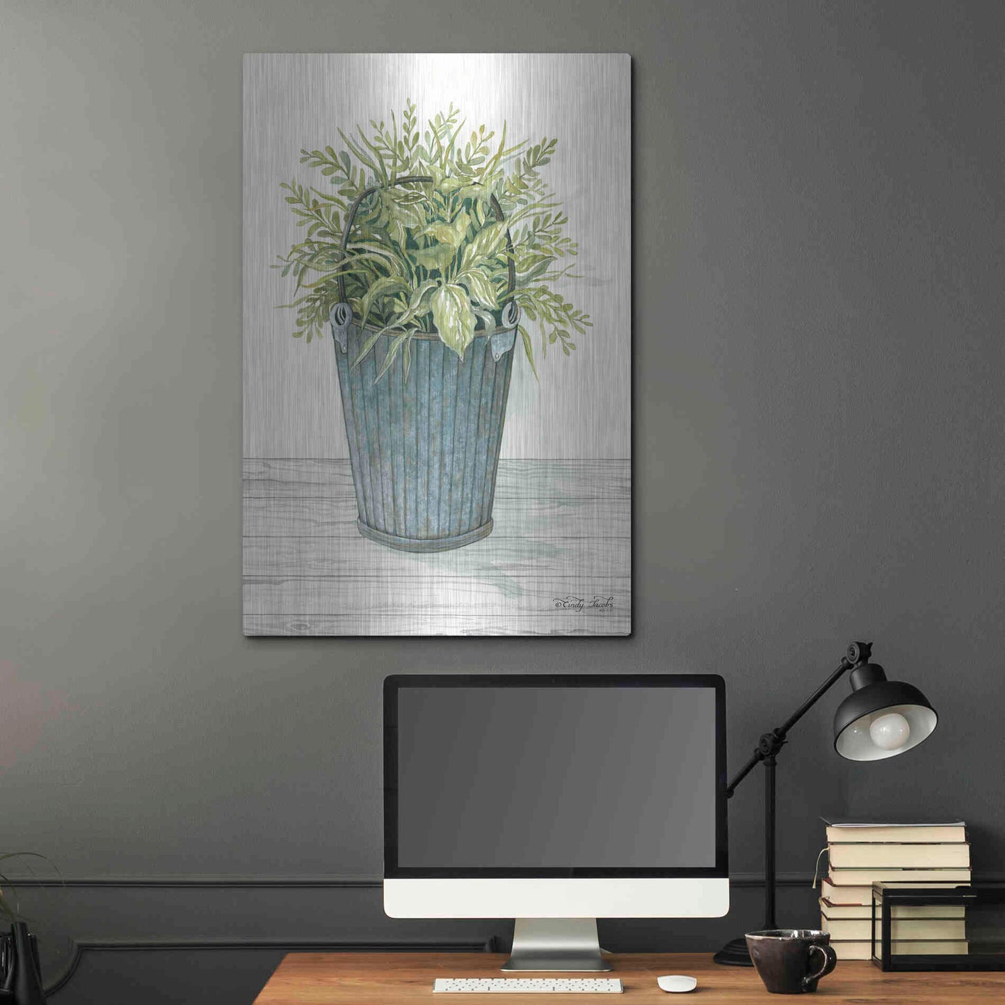 Luxe Metal Art 'Old Bucket of Greenery' by Cindy Jacobs, Metal Wall Art,24x36