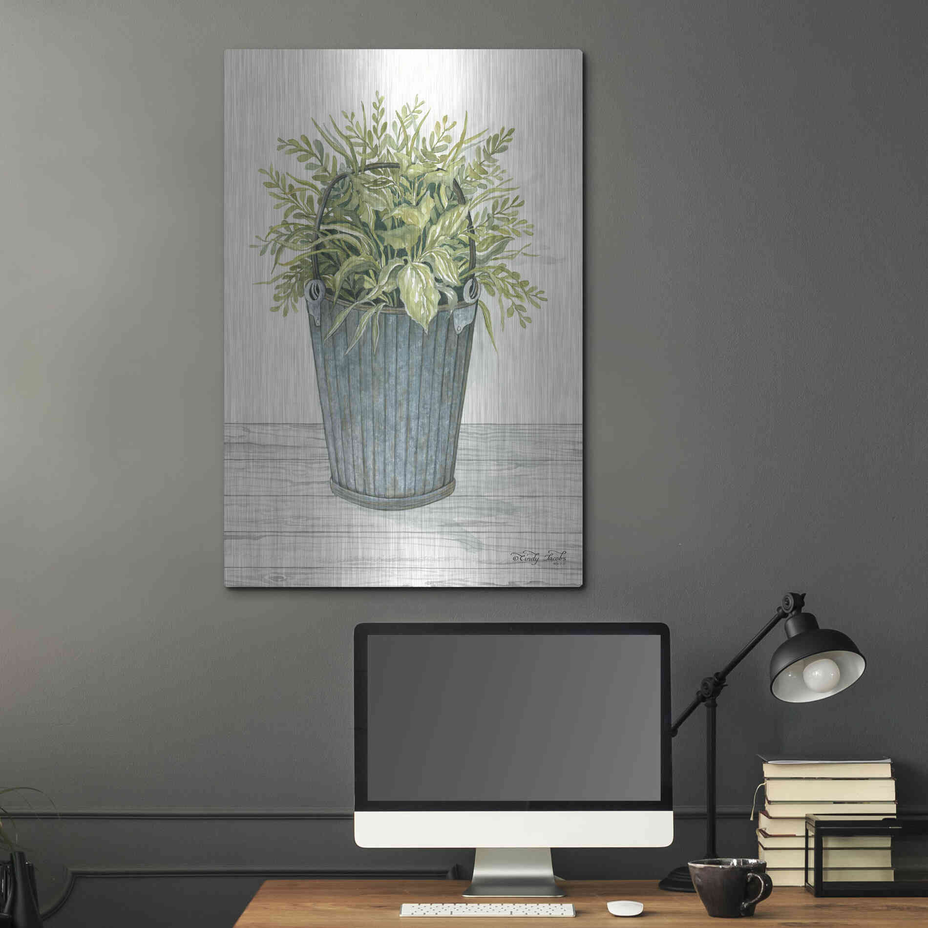 Luxe Metal Art 'Old Bucket of Greenery' by Cindy Jacobs, Metal Wall Art,24x36