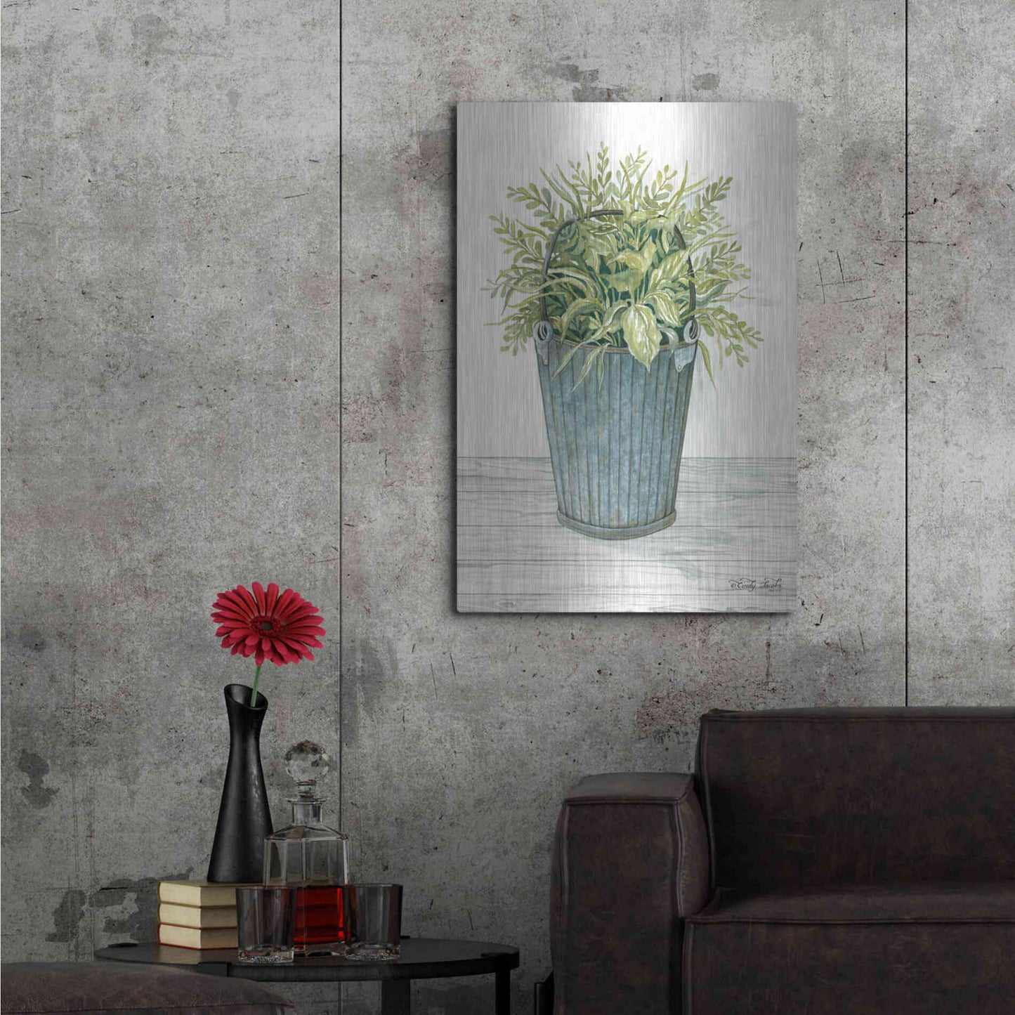 Luxe Metal Art 'Old Bucket of Greenery' by Cindy Jacobs, Metal Wall Art,24x36