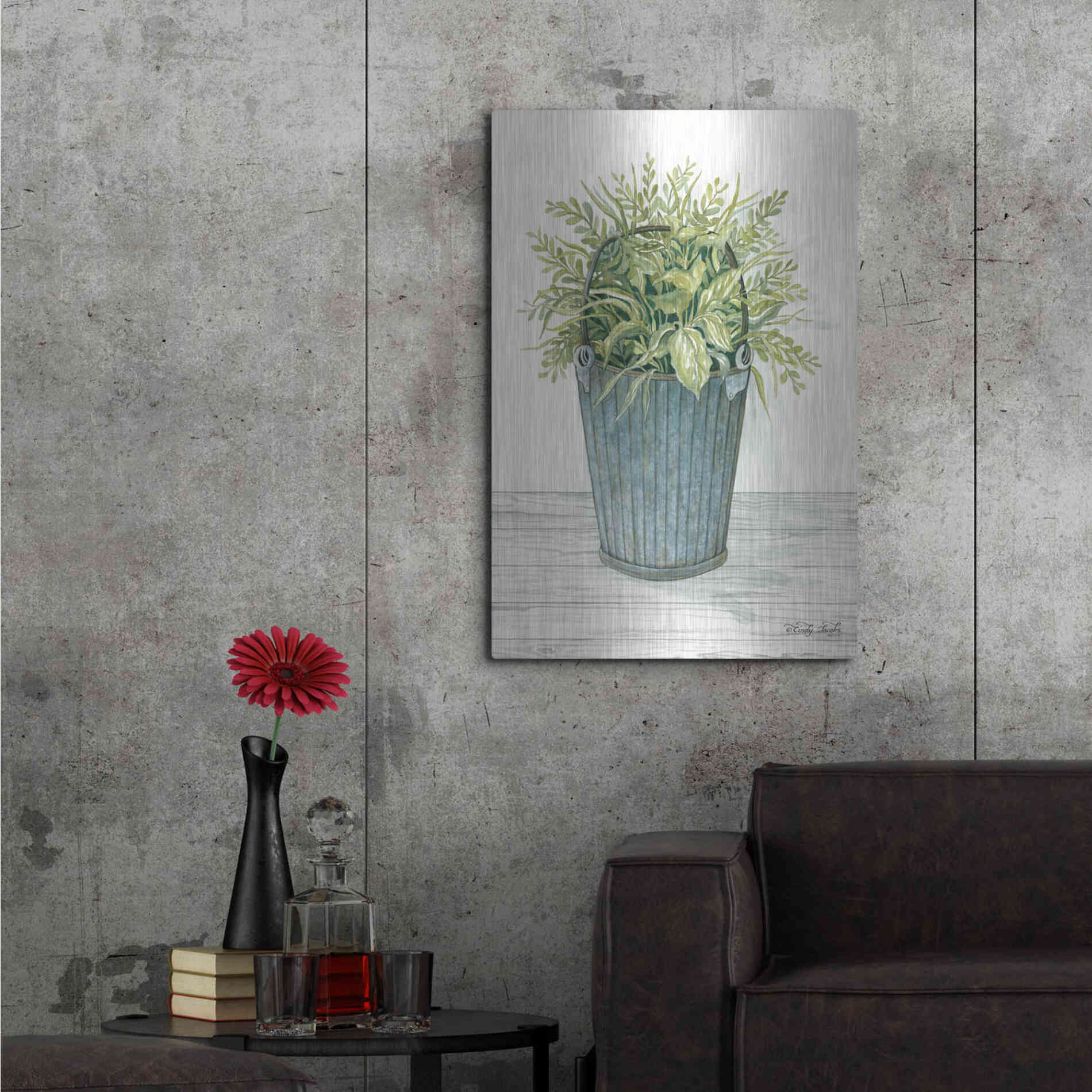 Luxe Metal Art 'Old Bucket of Greenery' by Cindy Jacobs, Metal Wall Art,24x36