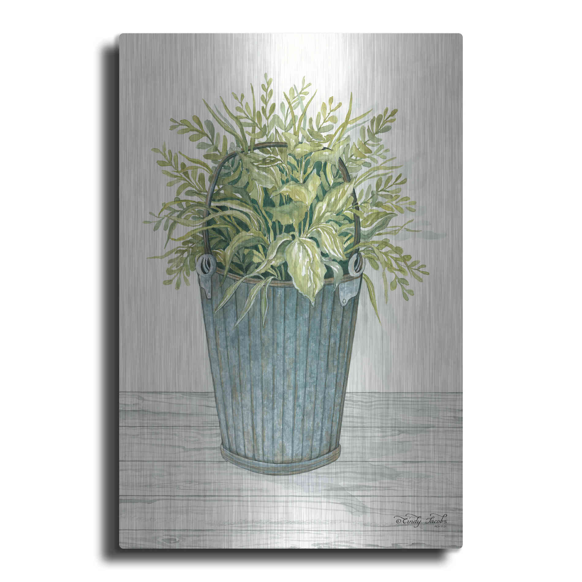 Luxe Metal Art 'Old Bucket of Greenery' by Cindy Jacobs, Metal Wall Art