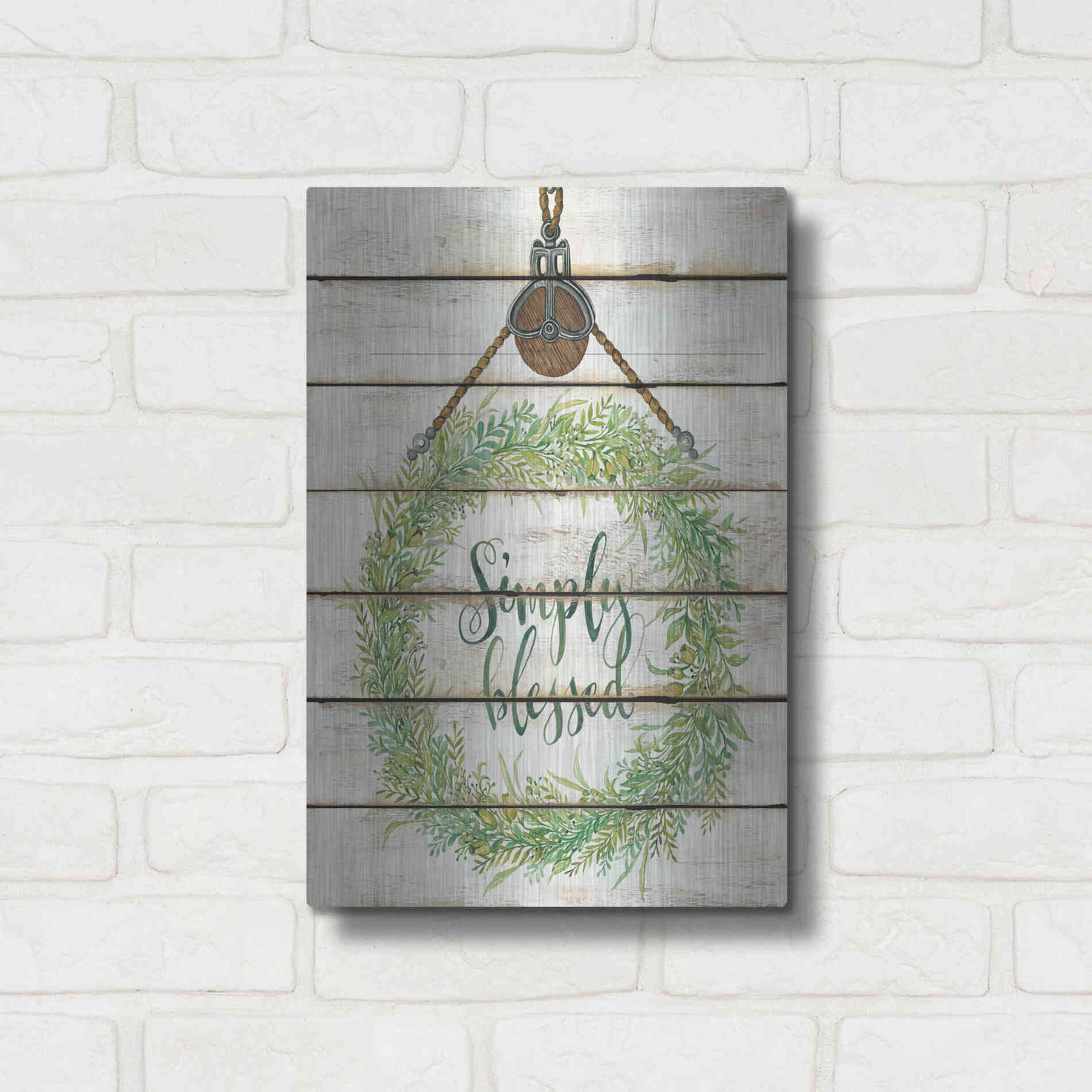 Luxe Metal Art 'Simply Blessed Wreath on Wood Panels' by Cindy Jacobs, Metal Wall Art,12x16