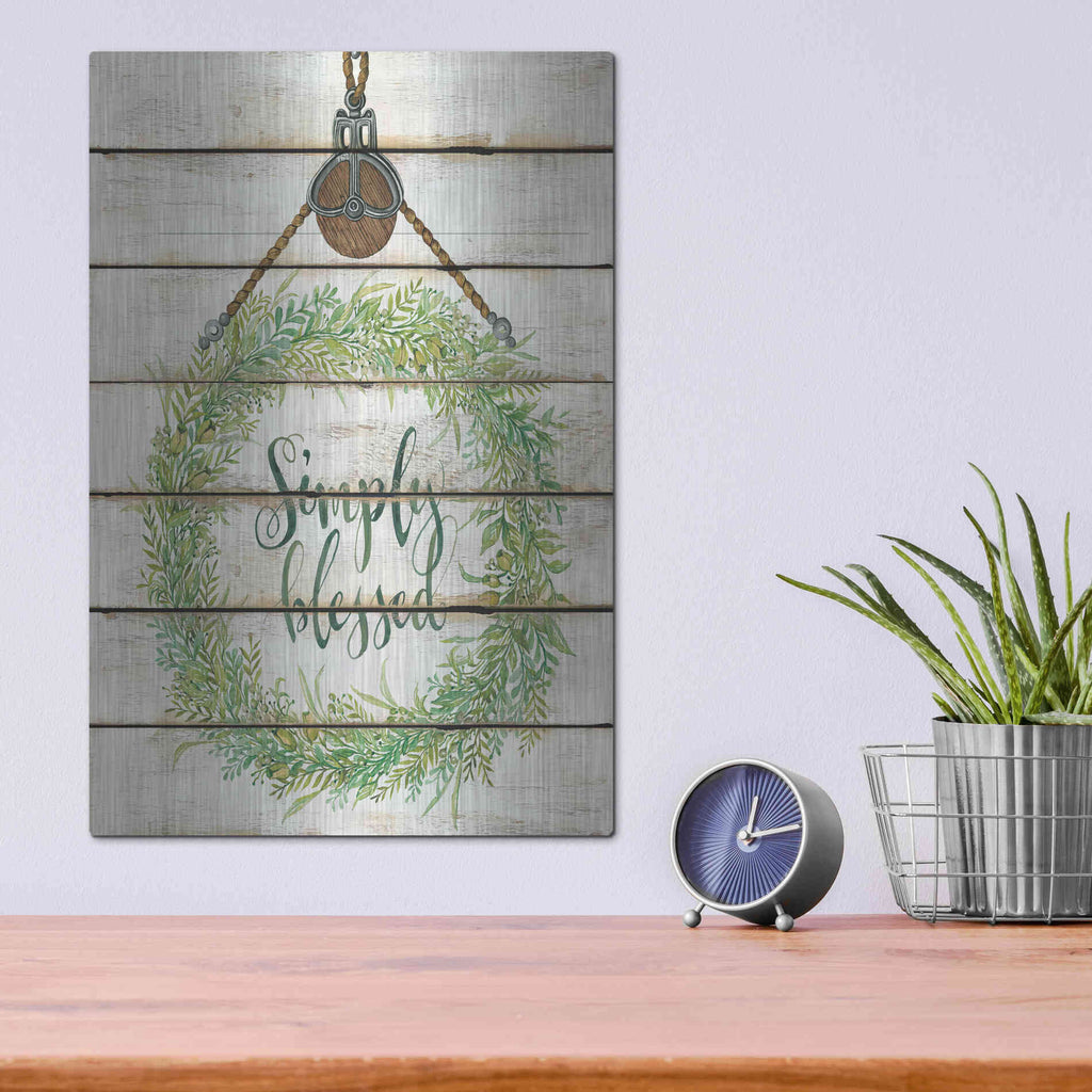 Luxe Metal Art 'Simply Blessed Wreath on Wood Panels' by Cindy Jacobs, Metal Wall Art,12x16
