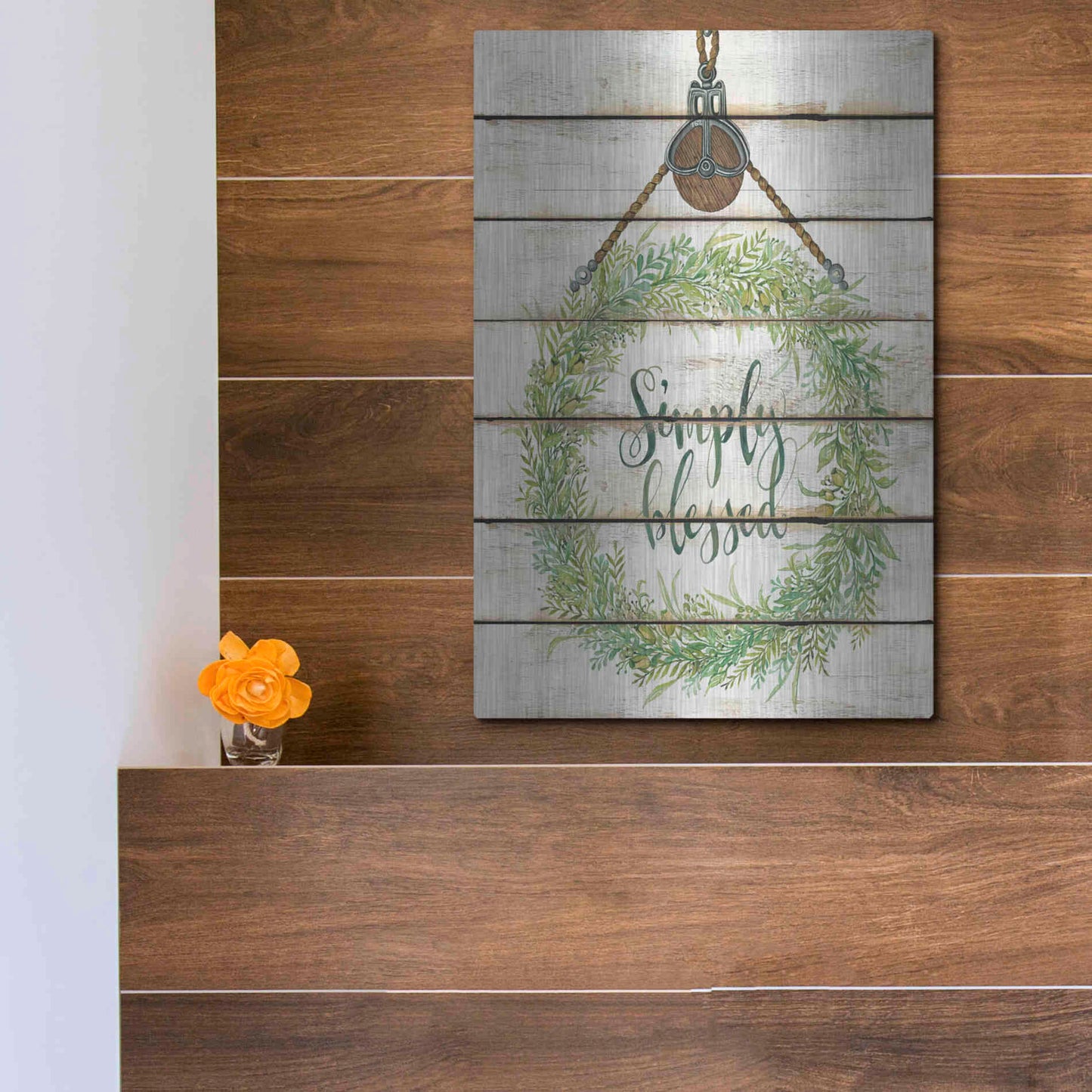 Luxe Metal Art 'Simply Blessed Wreath on Wood Panels' by Cindy Jacobs, Metal Wall Art,12x16