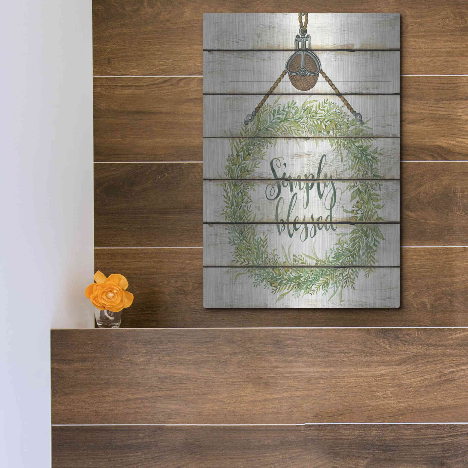 Luxe Metal Art 'Simply Blessed Wreath on Wood Panels' by Cindy Jacobs, Metal Wall Art,12x16