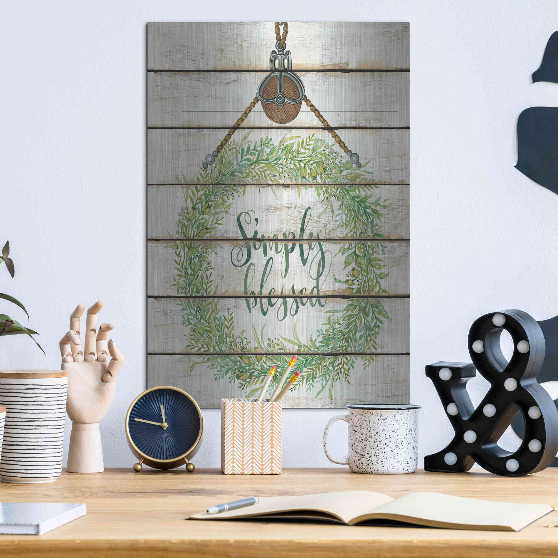 Luxe Metal Art 'Simply Blessed Wreath on Wood Panels' by Cindy Jacobs, Metal Wall Art,12x16