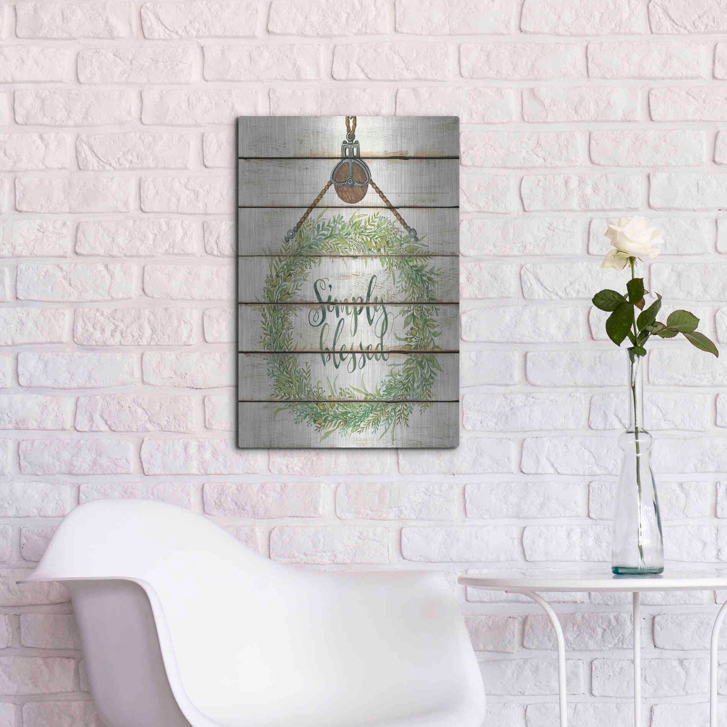 Luxe Metal Art 'Simply Blessed Wreath on Wood Panels' by Cindy Jacobs, Metal Wall Art,16x24