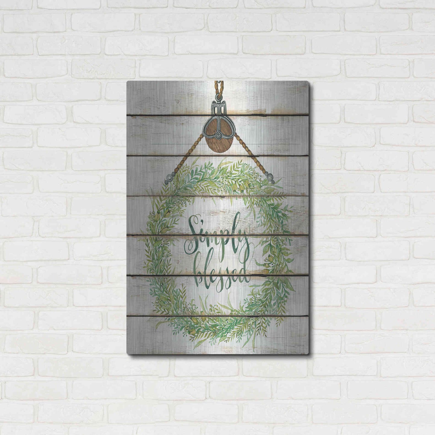 Luxe Metal Art 'Simply Blessed Wreath on Wood Panels' by Cindy Jacobs, Metal Wall Art,24x36