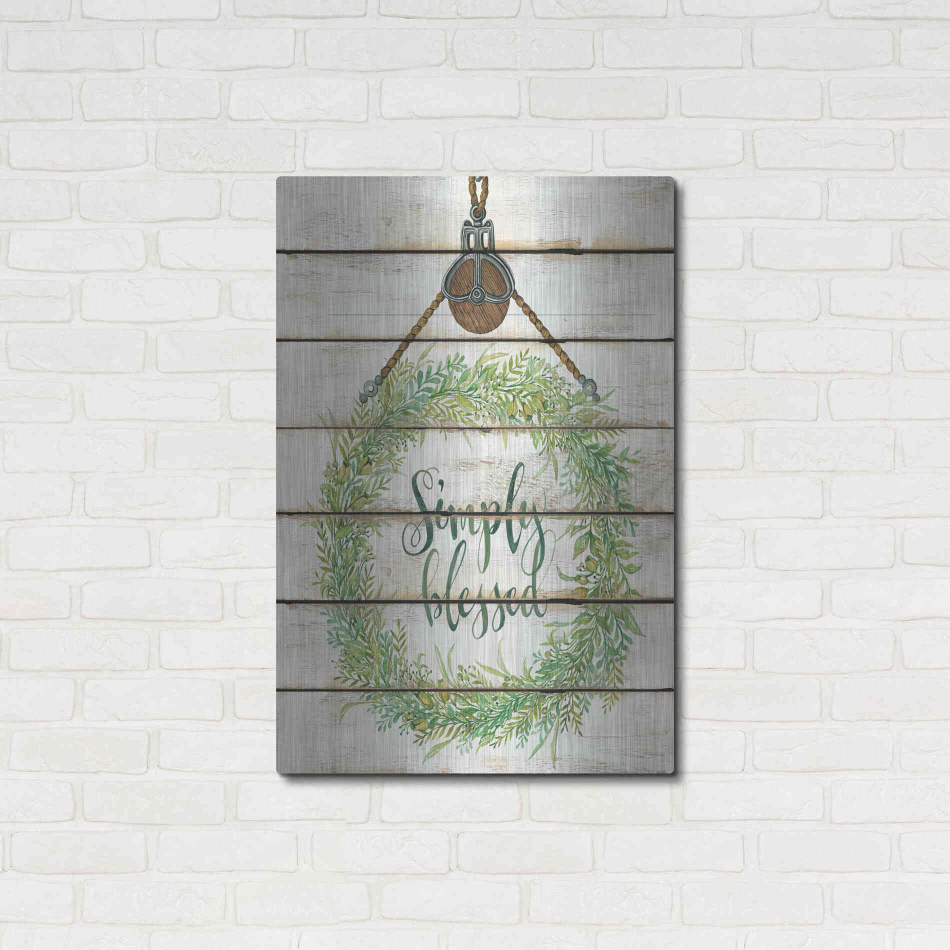 Luxe Metal Art 'Simply Blessed Wreath on Wood Panels' by Cindy Jacobs, Metal Wall Art,24x36