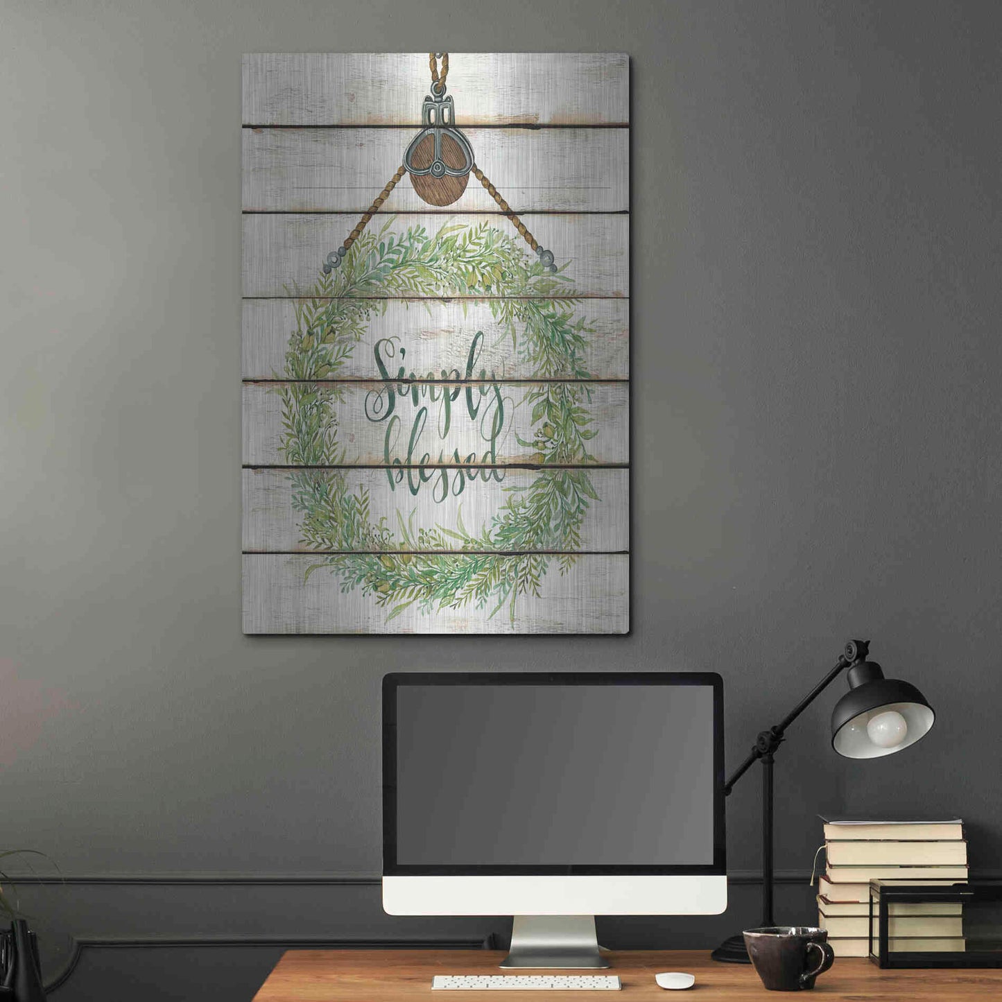 Luxe Metal Art 'Simply Blessed Wreath on Wood Panels' by Cindy Jacobs, Metal Wall Art,24x36