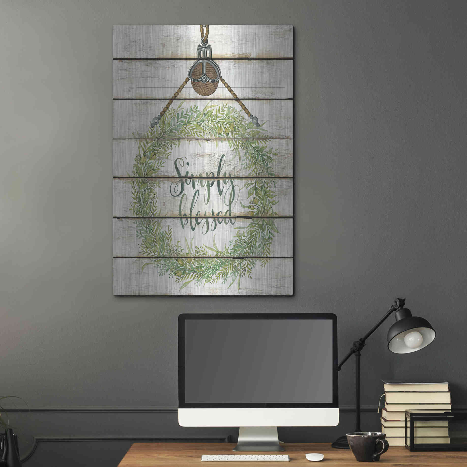 Luxe Metal Art 'Simply Blessed Wreath on Wood Panels' by Cindy Jacobs, Metal Wall Art,24x36