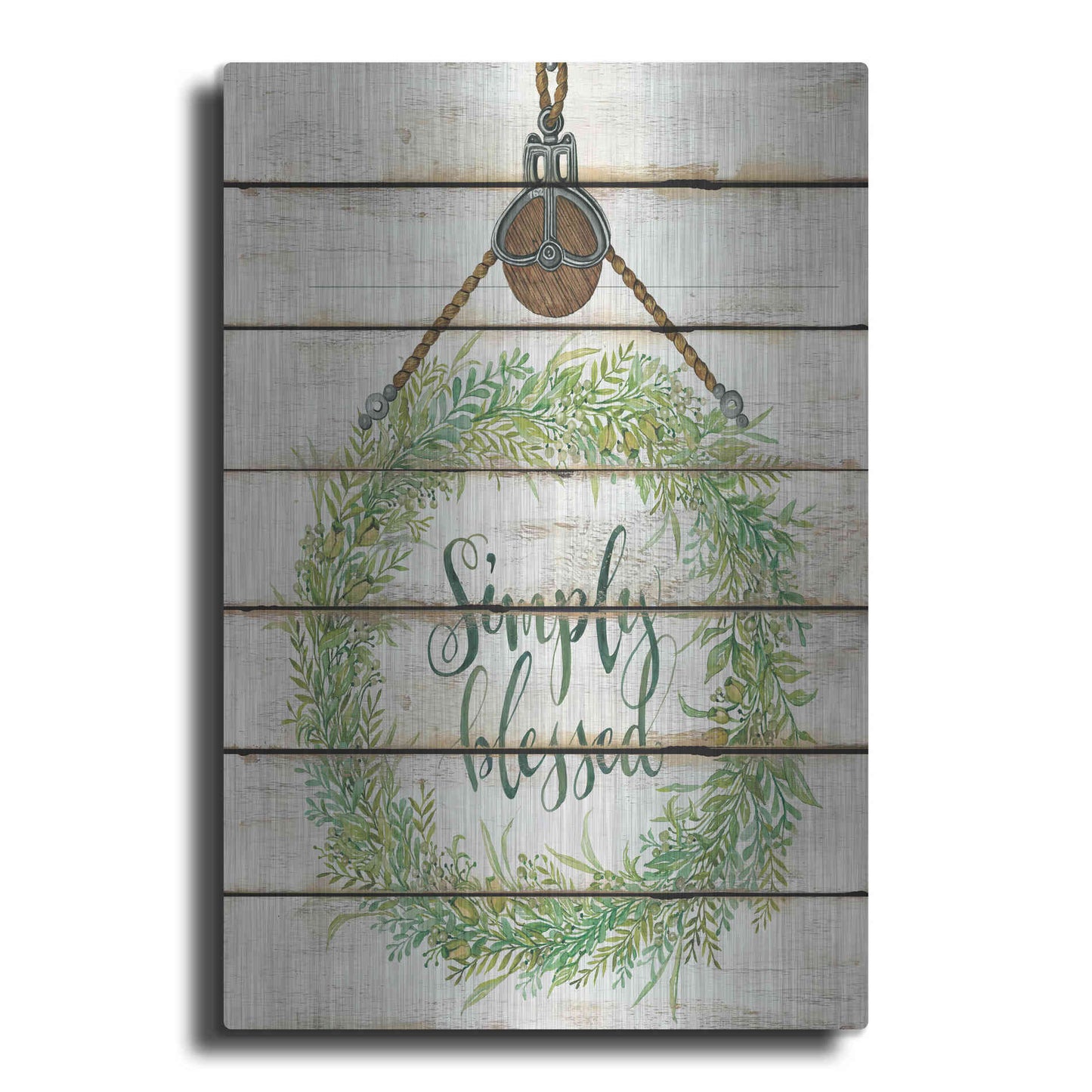 Luxe Metal Art 'Simply Blessed Wreath on Wood Panels' by Cindy Jacobs, Metal Wall Art