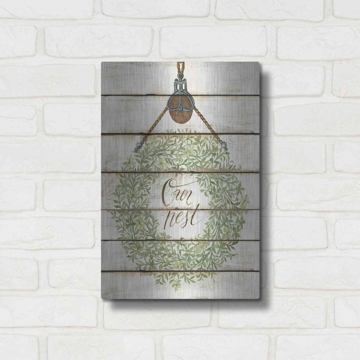 Luxe Metal Art 'Our Nest Wreath on Wood Panels' by Cindy Jacobs, Metal Wall Art,12x16