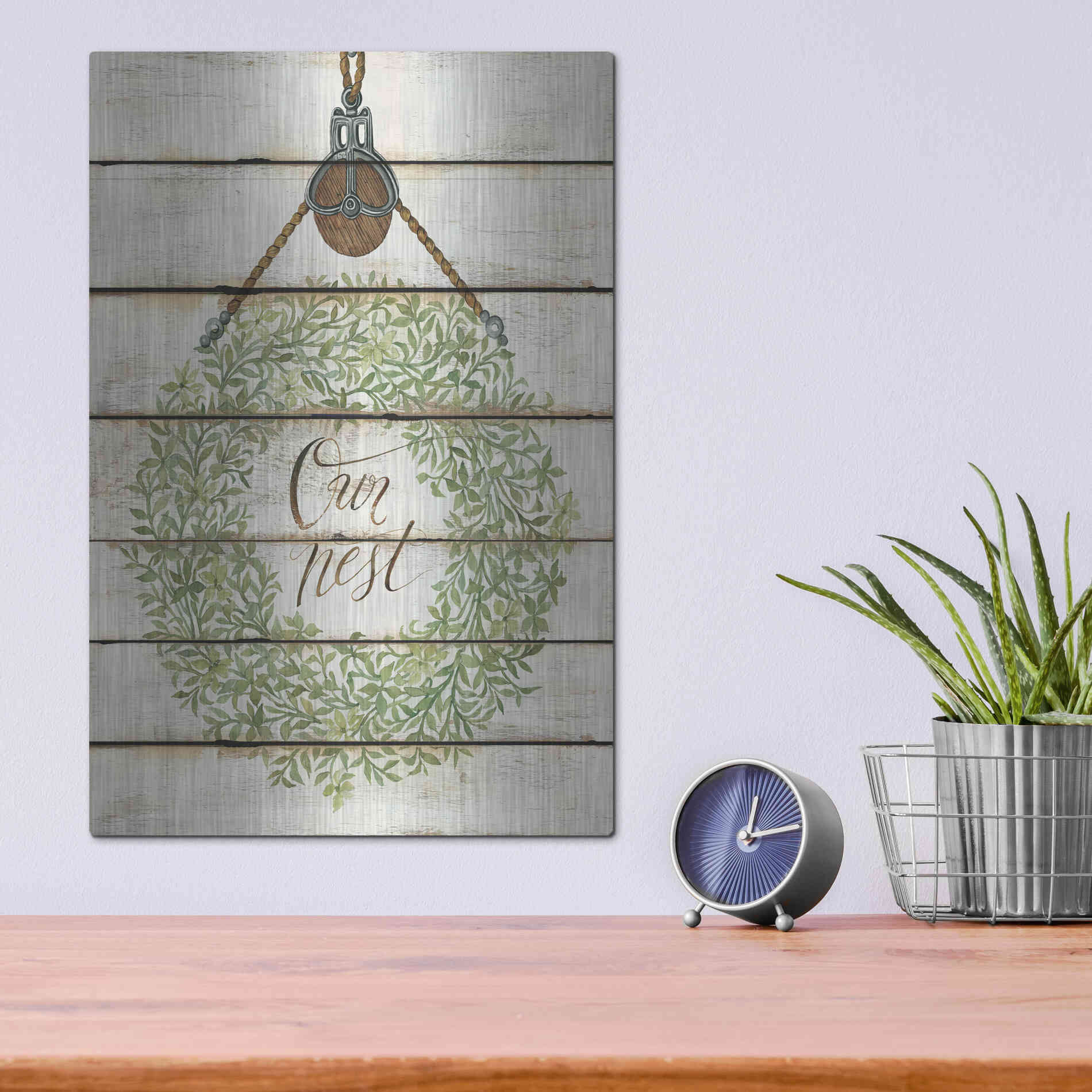 Luxe Metal Art 'Our Nest Wreath on Wood Panels' by Cindy Jacobs, Metal Wall Art,12x16