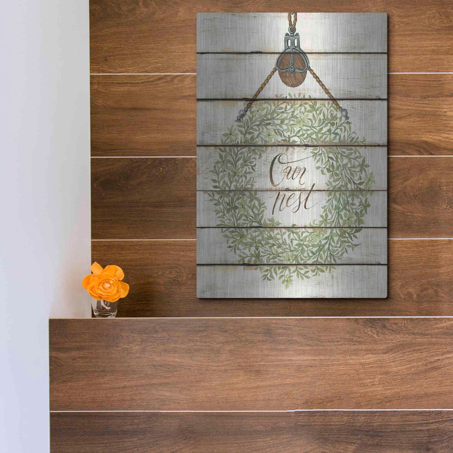 Luxe Metal Art 'Our Nest Wreath on Wood Panels' by Cindy Jacobs, Metal Wall Art,12x16