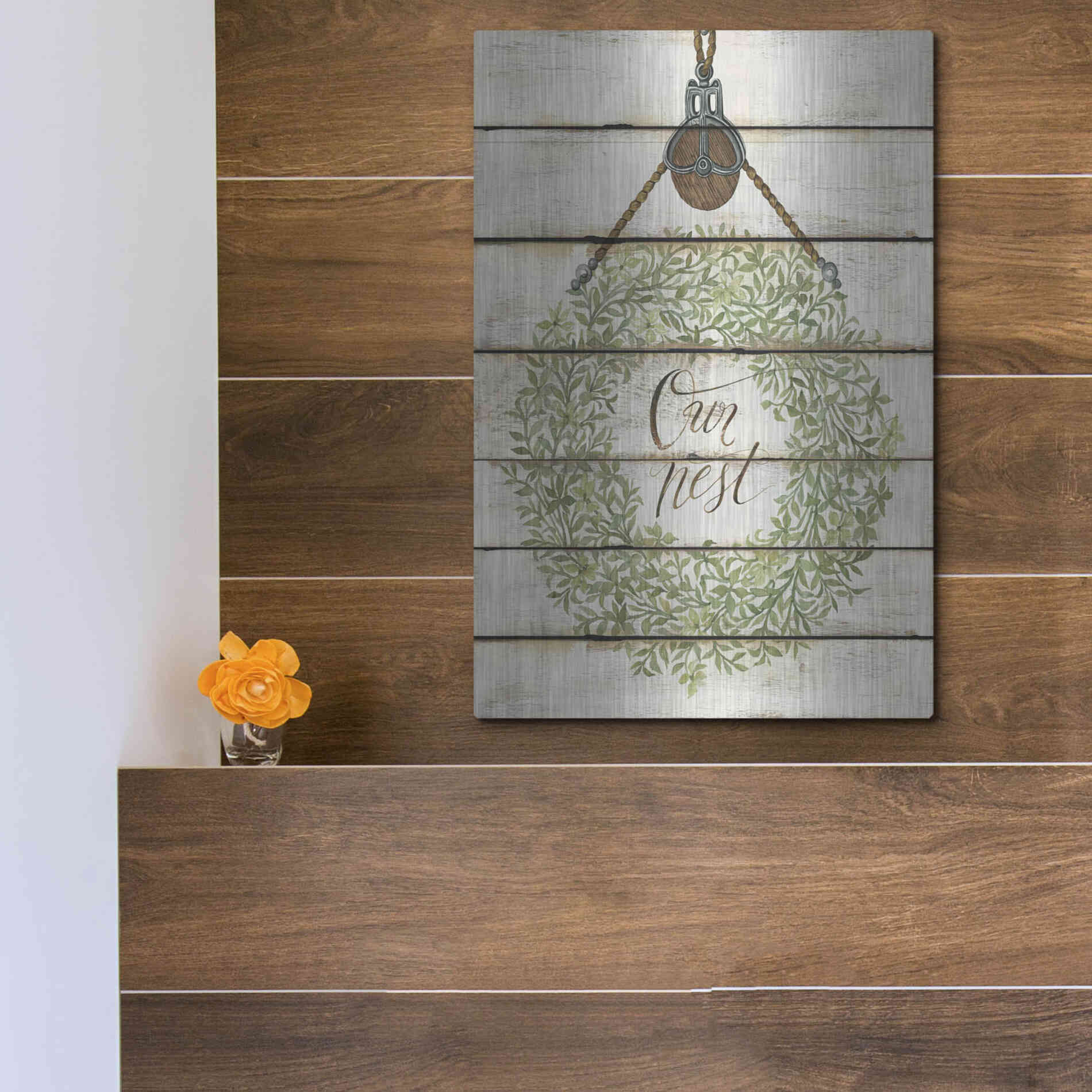 Luxe Metal Art 'Our Nest Wreath on Wood Panels' by Cindy Jacobs, Metal Wall Art,12x16