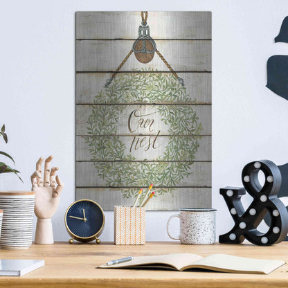 Luxe Metal Art 'Our Nest Wreath on Wood Panels' by Cindy Jacobs, Metal Wall Art,12x16