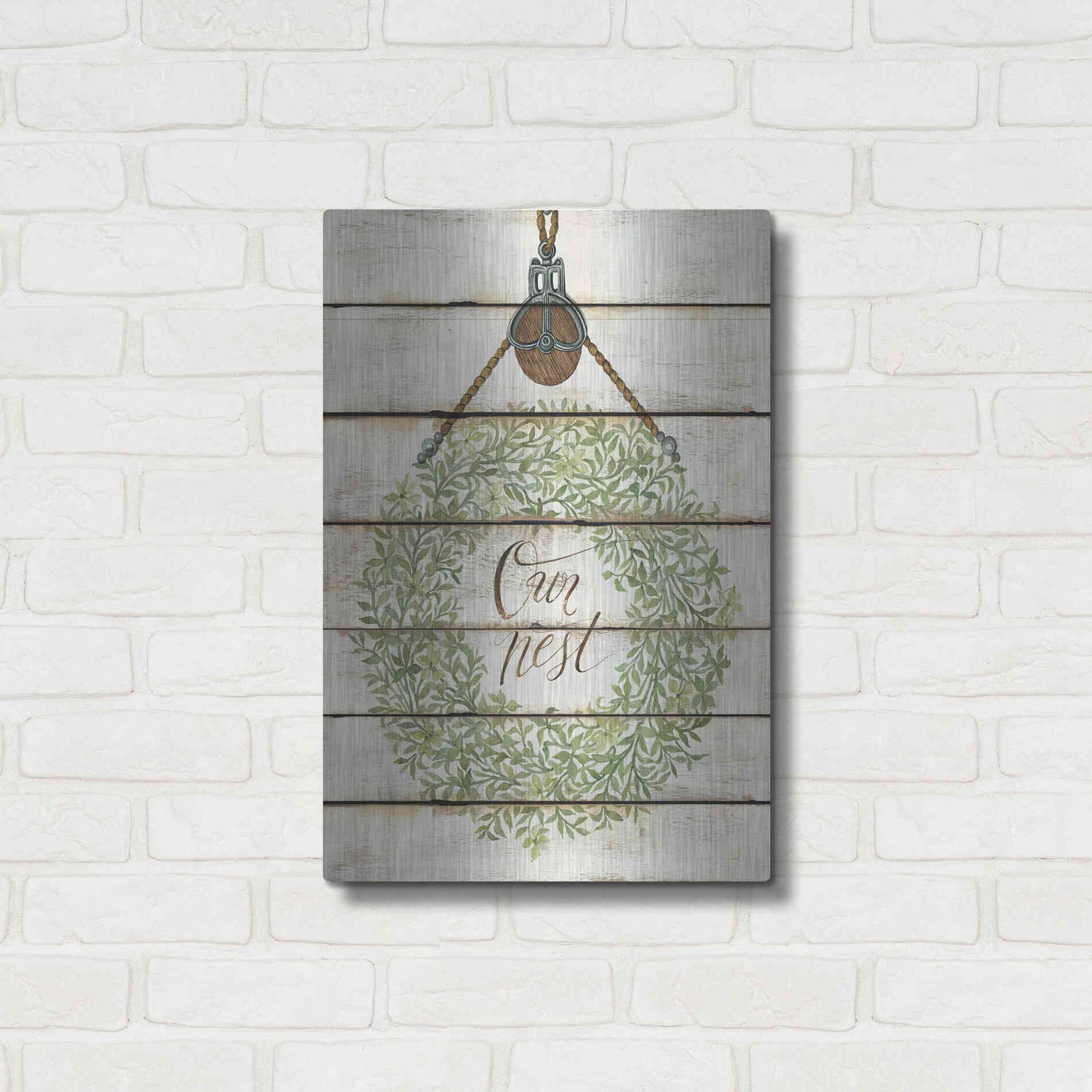 Luxe Metal Art 'Our Nest Wreath on Wood Panels' by Cindy Jacobs, Metal Wall Art,16x24