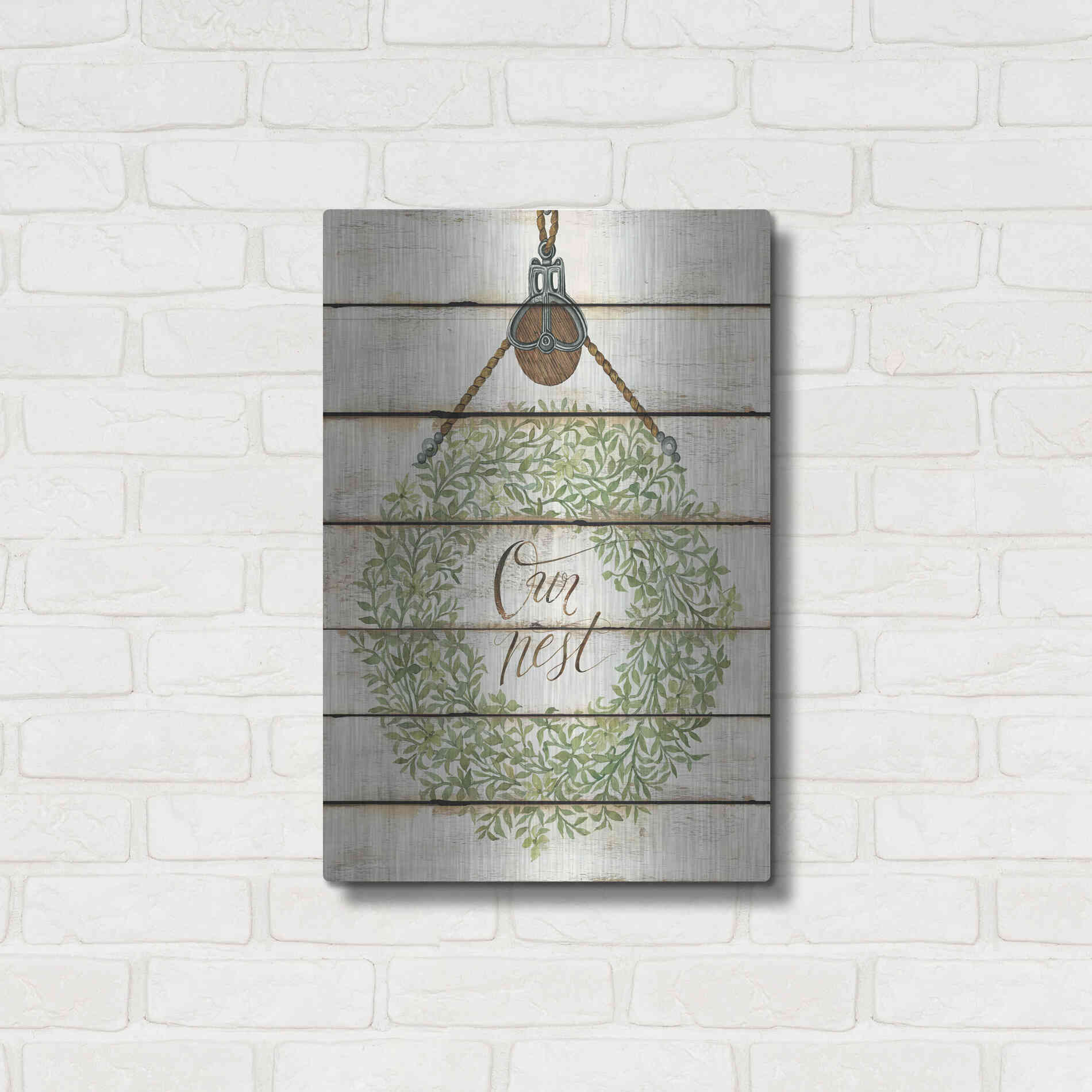 Luxe Metal Art 'Our Nest Wreath on Wood Panels' by Cindy Jacobs, Metal Wall Art,16x24