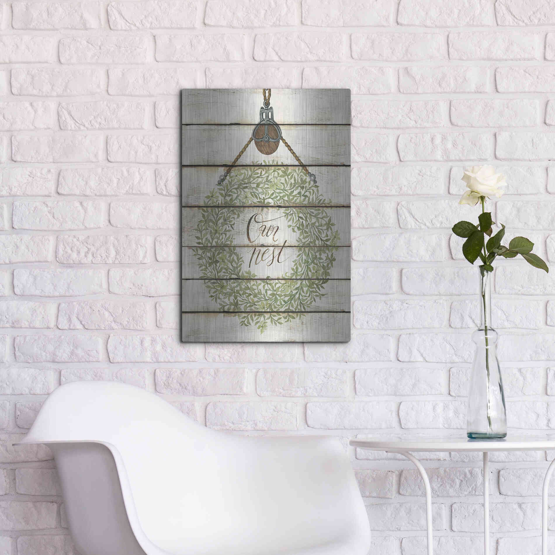 Luxe Metal Art 'Our Nest Wreath on Wood Panels' by Cindy Jacobs, Metal Wall Art,16x24