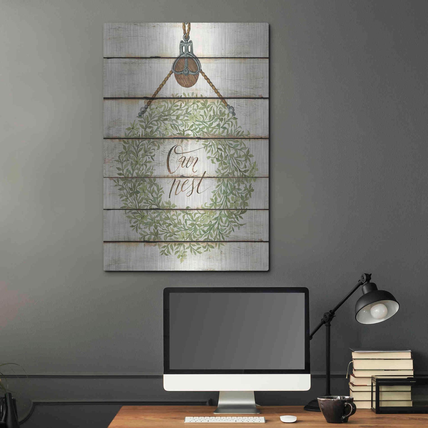 Luxe Metal Art 'Our Nest Wreath on Wood Panels' by Cindy Jacobs, Metal Wall Art,24x36