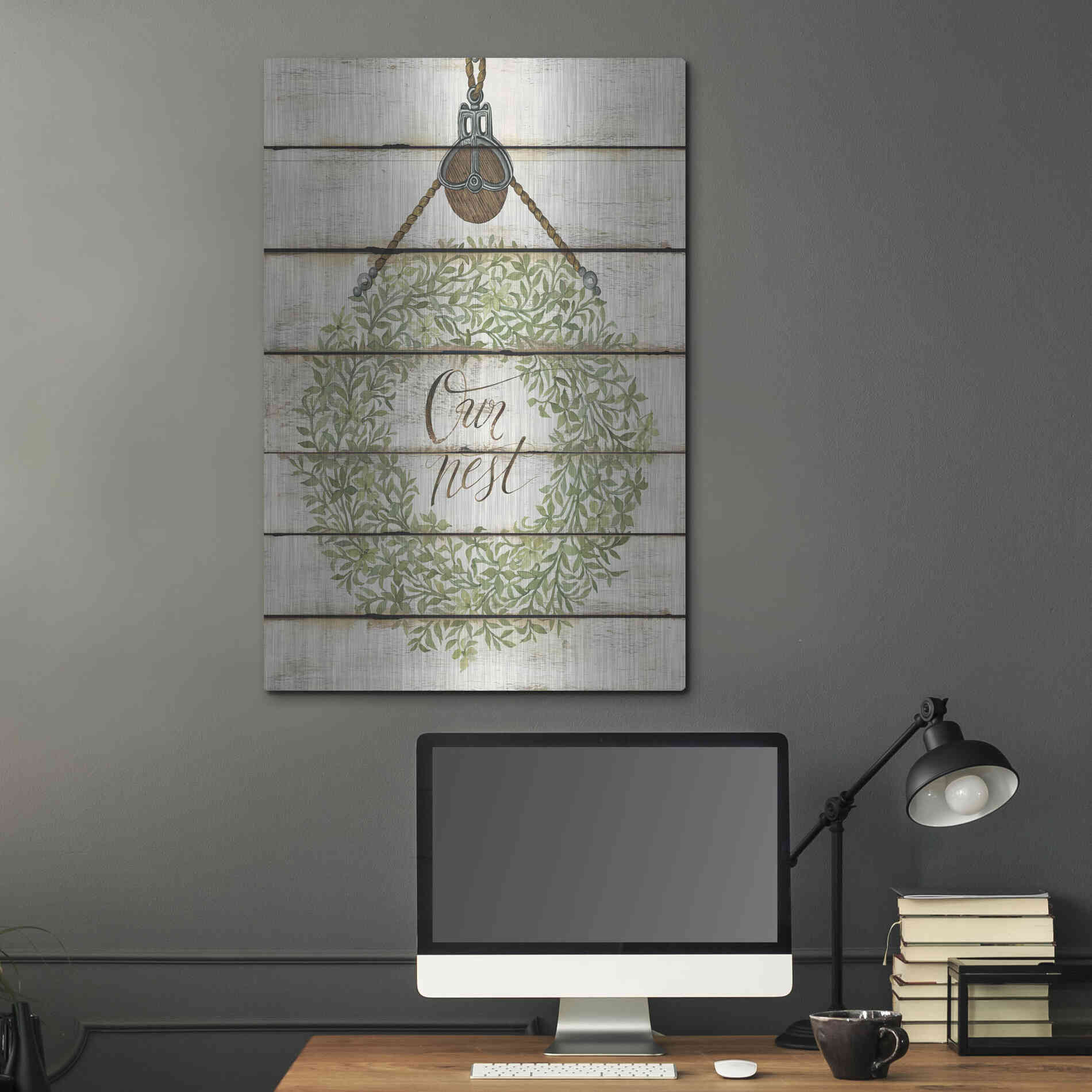 Luxe Metal Art 'Our Nest Wreath on Wood Panels' by Cindy Jacobs, Metal Wall Art,24x36