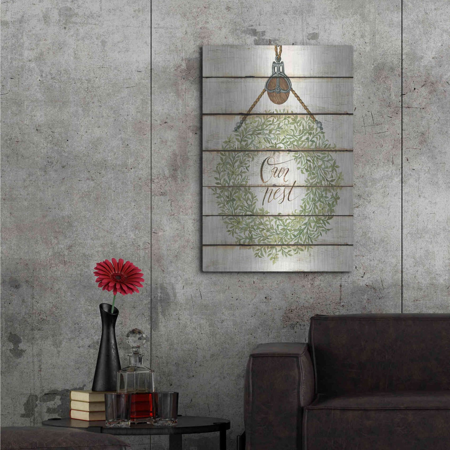 Luxe Metal Art 'Our Nest Wreath on Wood Panels' by Cindy Jacobs, Metal Wall Art,24x36