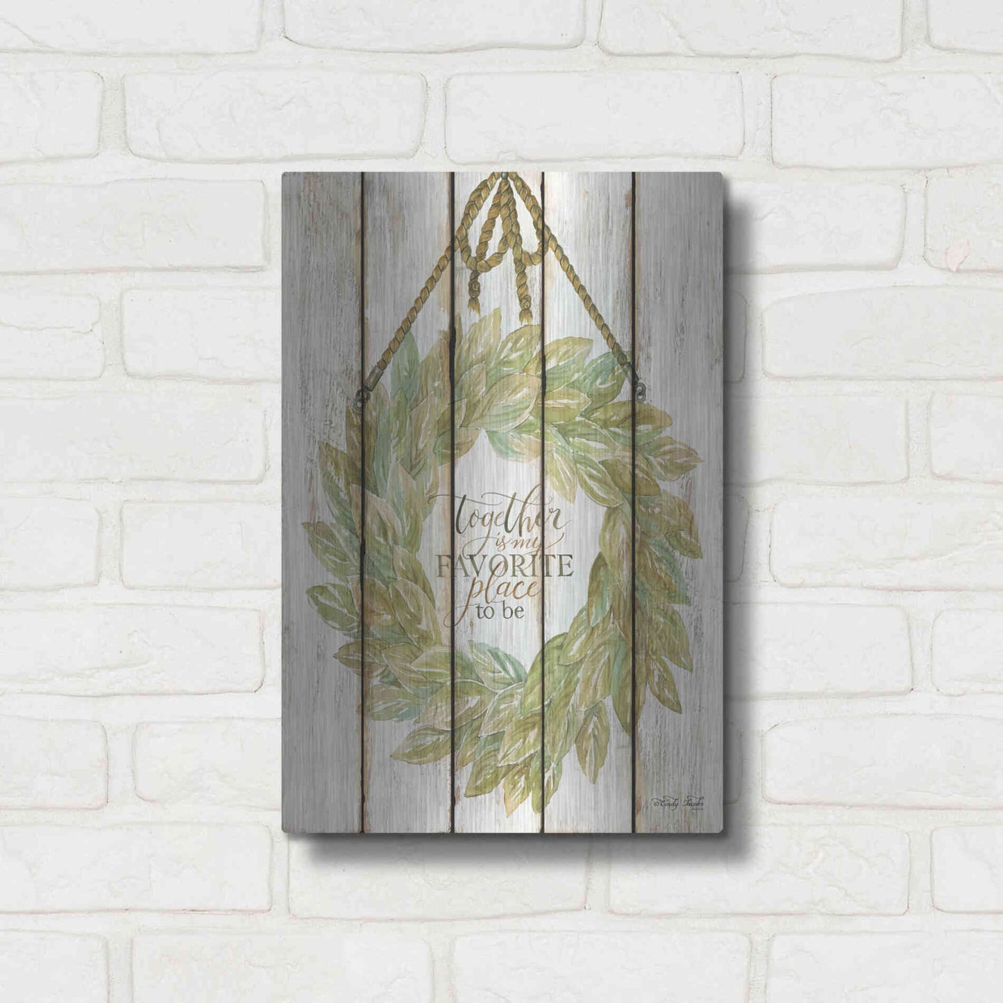 Luxe Metal Art 'Together Wreath on Wood Panels' by Cindy Jacobs, Metal Wall Art,12x16