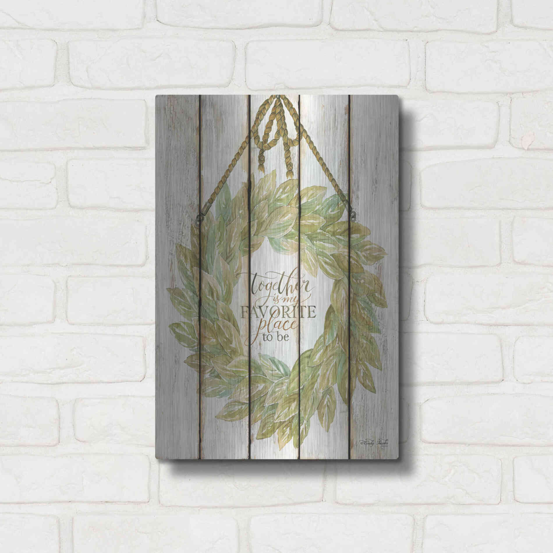 Luxe Metal Art 'Together Wreath on Wood Panels' by Cindy Jacobs, Metal Wall Art,12x16