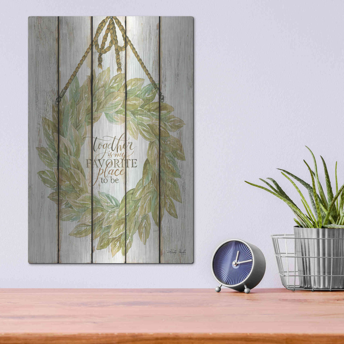 Luxe Metal Art 'Together Wreath on Wood Panels' by Cindy Jacobs, Metal Wall Art,12x16