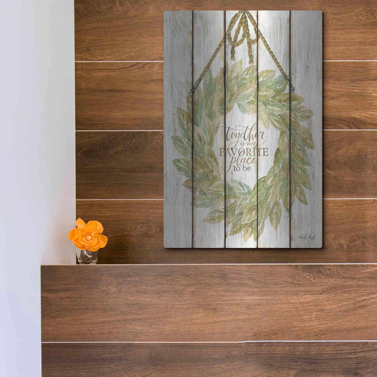 Luxe Metal Art 'Together Wreath on Wood Panels' by Cindy Jacobs, Metal Wall Art,12x16