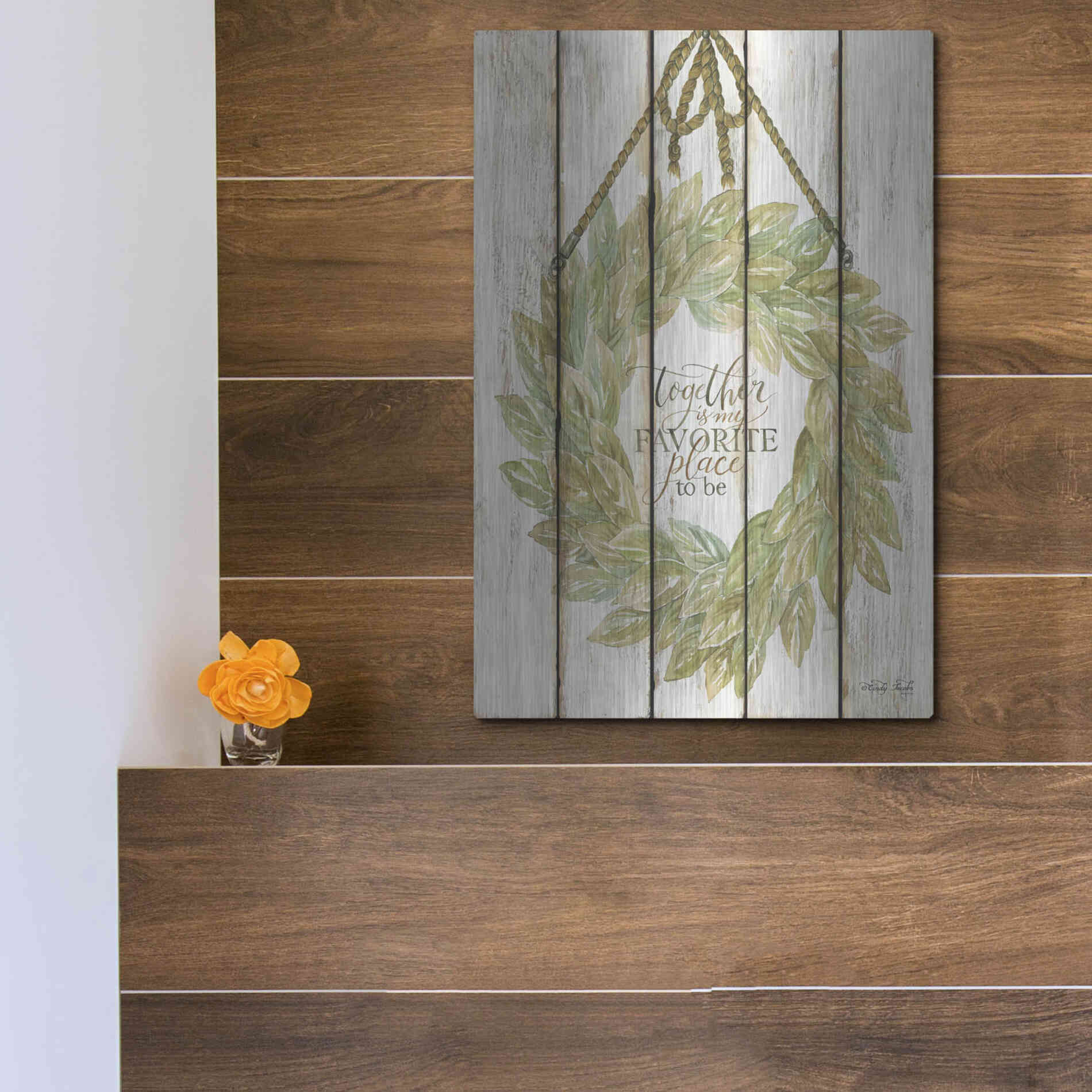 Luxe Metal Art 'Together Wreath on Wood Panels' by Cindy Jacobs, Metal Wall Art,12x16