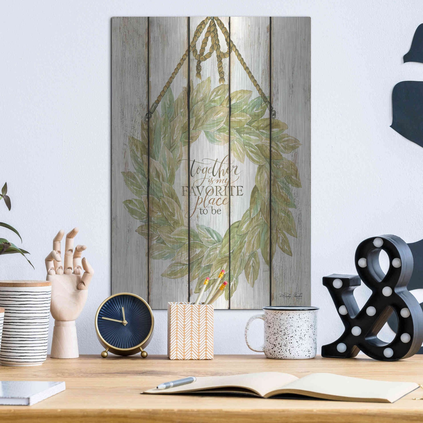 Luxe Metal Art 'Together Wreath on Wood Panels' by Cindy Jacobs, Metal Wall Art,12x16